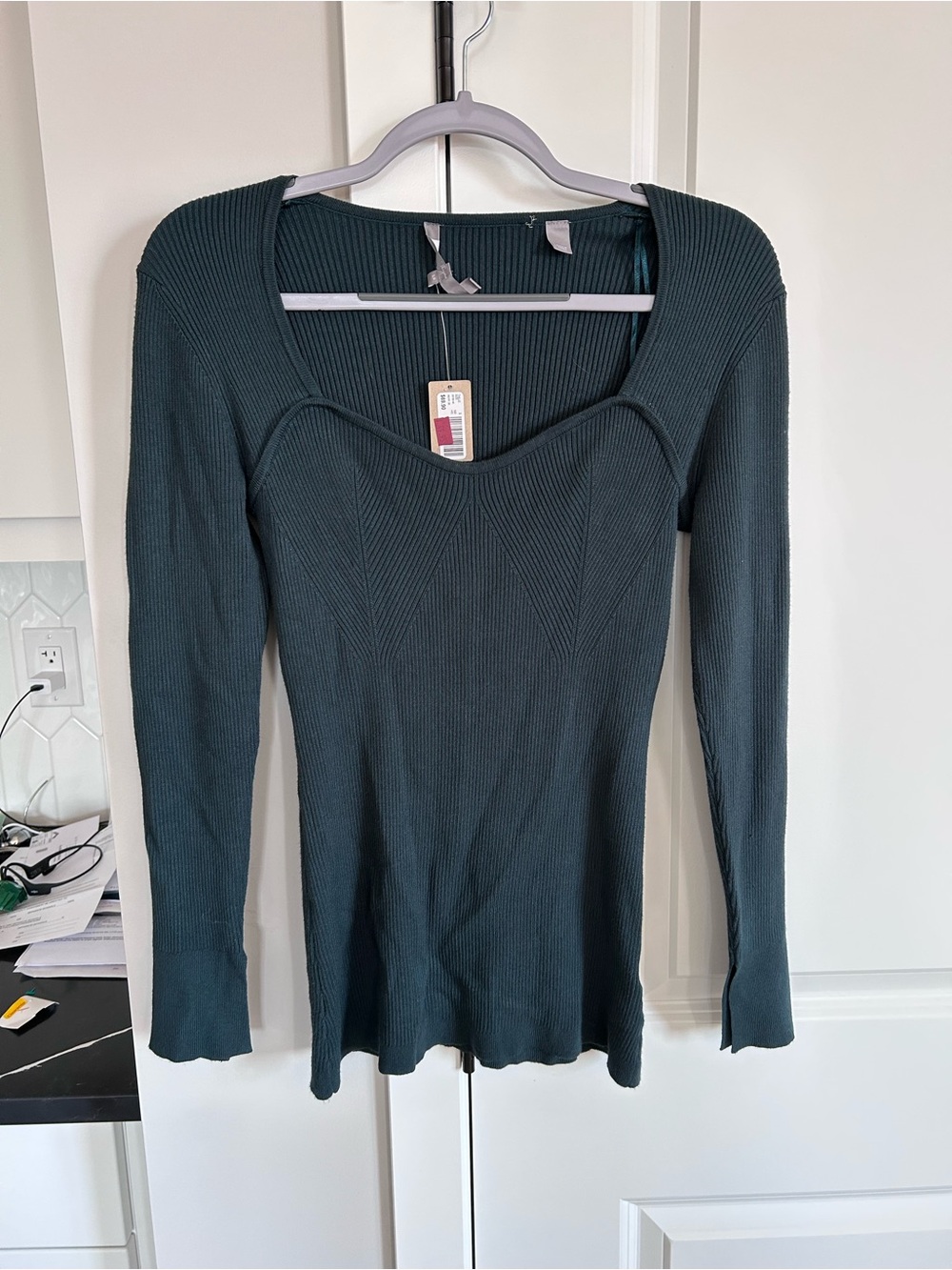 NWT Thyme Ribbed Scoop Neck Long Sleeve Top Dark Teal Stretch MinimalistEveryday